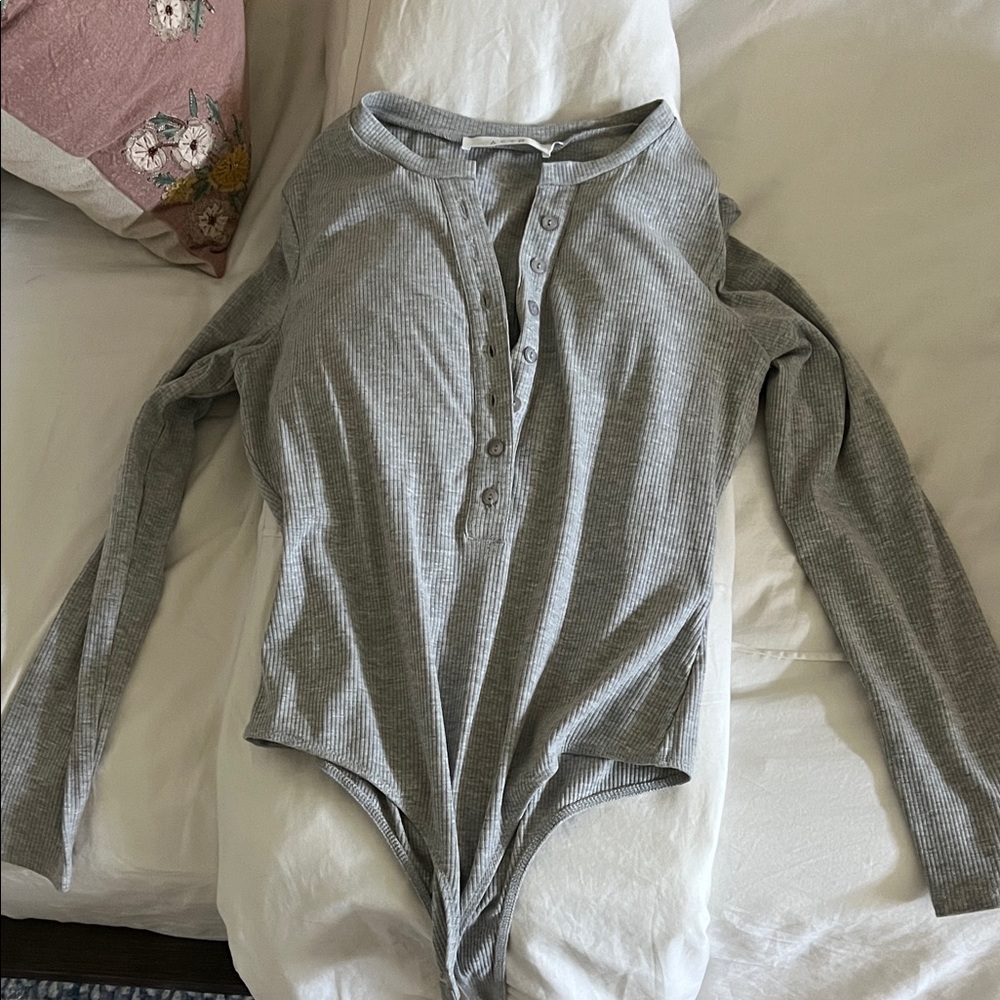 Astr Gray Long Sleeve Ribbed Bodysuit
